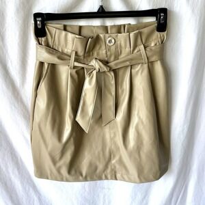 Kendall + Kylie Faux Leather Paperbag Waist Mini Skirt Beige Belted Size M